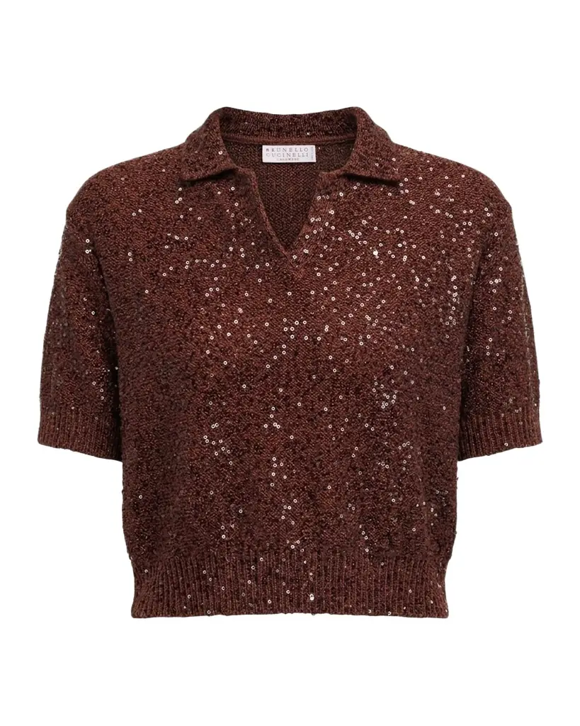 Brunello Cucinelli Paillette Linen-Cashmere Short-Sleeve Polo Sweater