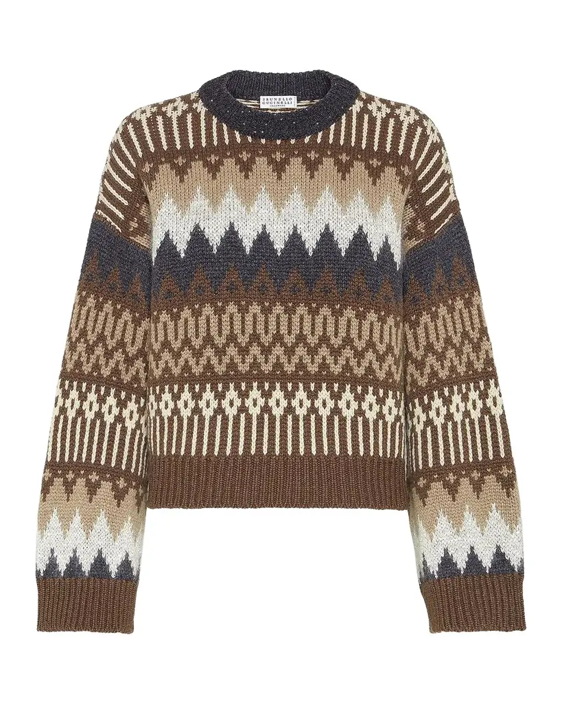 Brunello Cucinelli Fair Isle Paillette Cashmere Crewneck Sweater