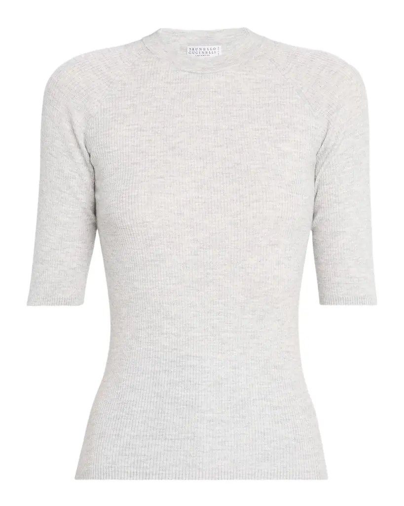 Brunello Cucinelli Shimmering Cashmere Stretch Rib Elbow-Sleeve Sweater