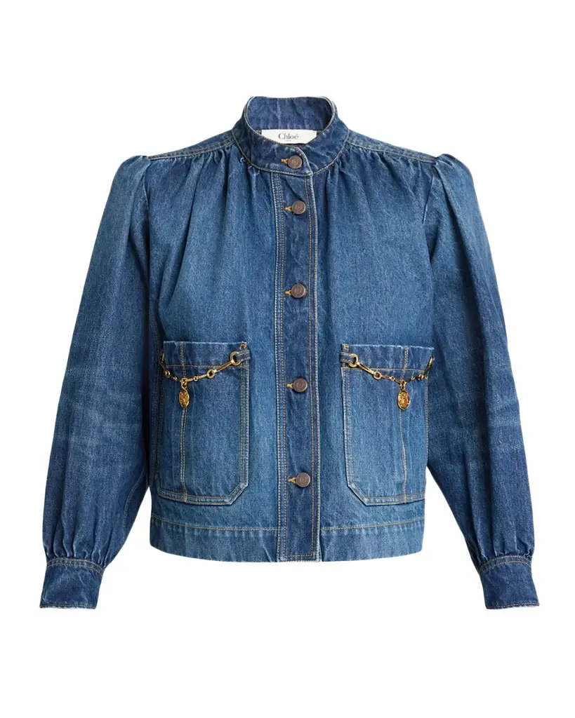 Chloe Horse-Pendant Gathered Denim Jacket