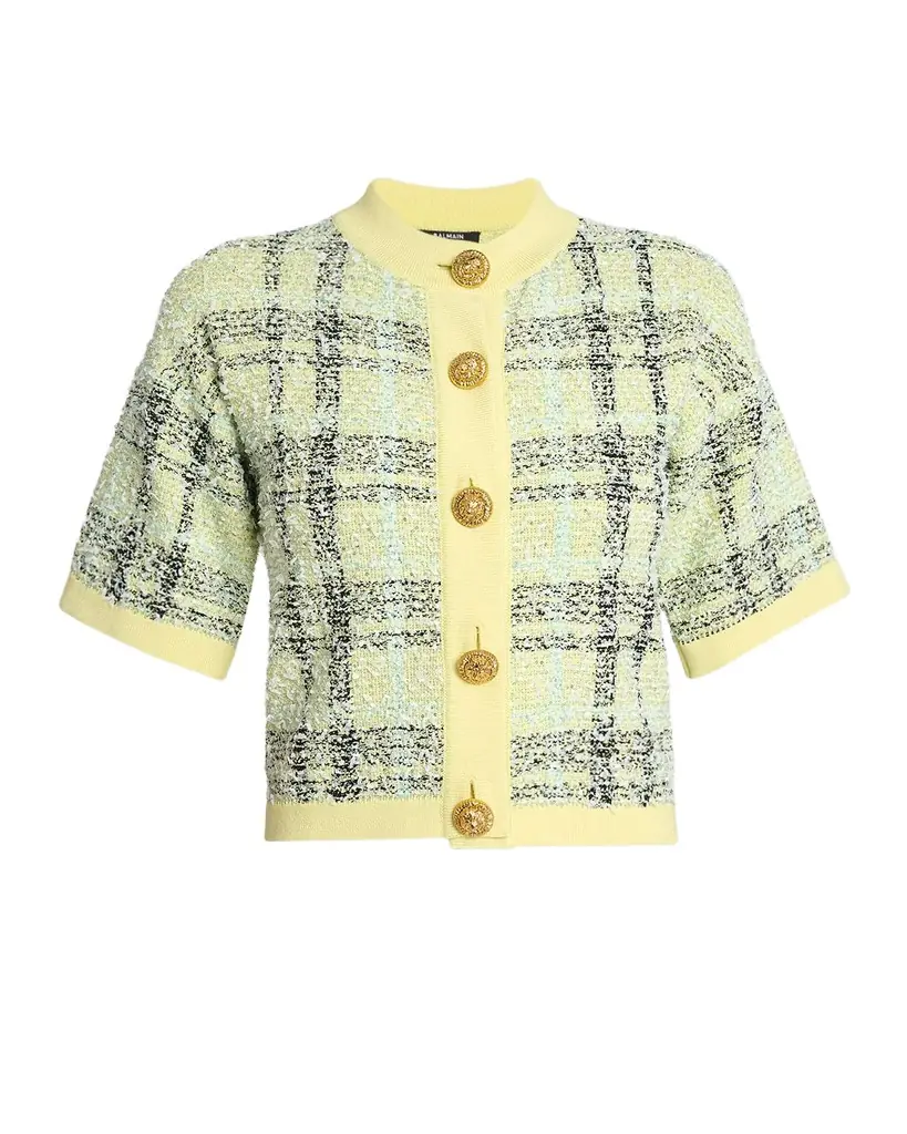 Balmain Paillette Check Tweed Short-Sleeve Cardigan