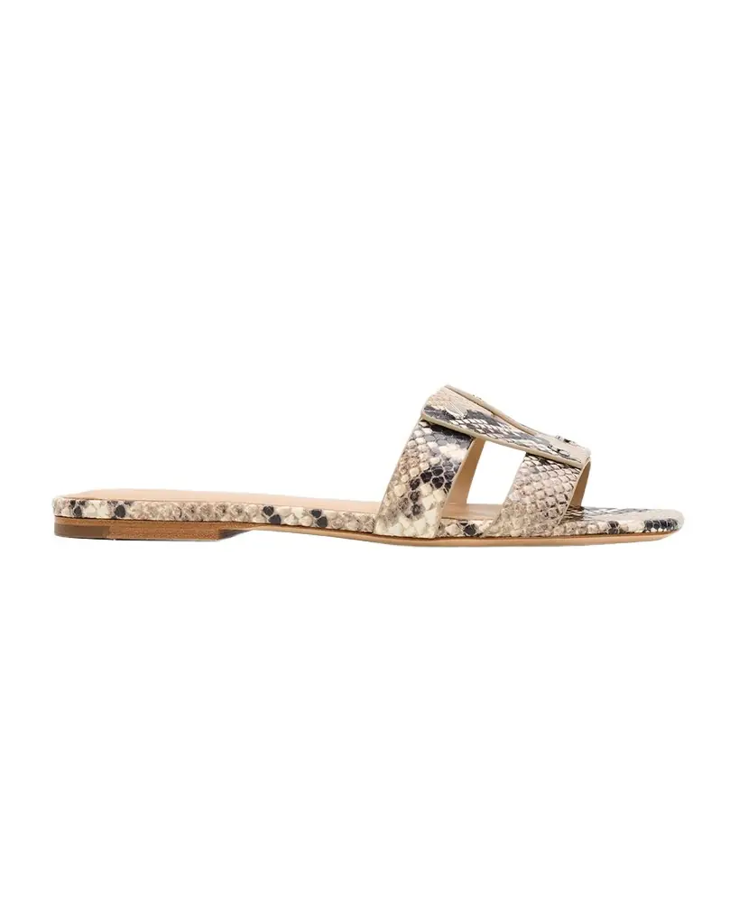 Veronica Beard Via Snake-Printed Leather Flat Slide Sandals