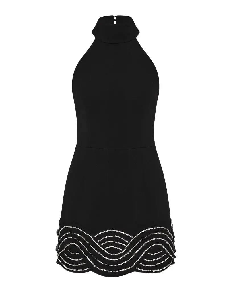 REBECCA VALLANCE Bellatrix Low-Back Rhinestone Halter Mini Dress
