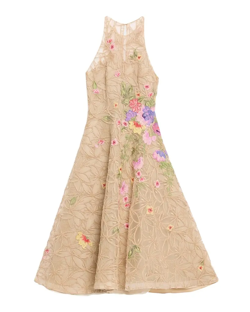 Naeem Khan Raffia Floral Embroidered Sleeveless Midi Dress