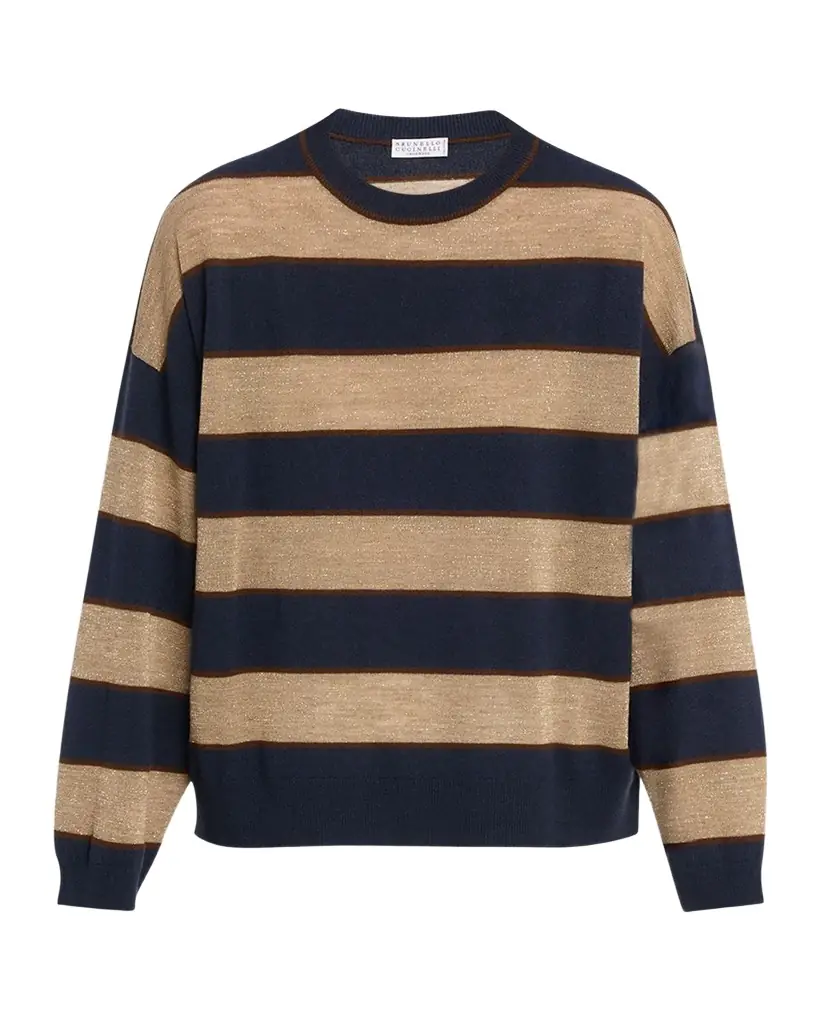 Brunello Cucinelli Shimmering Striped Wool-Cashmere Crewneck Sweater