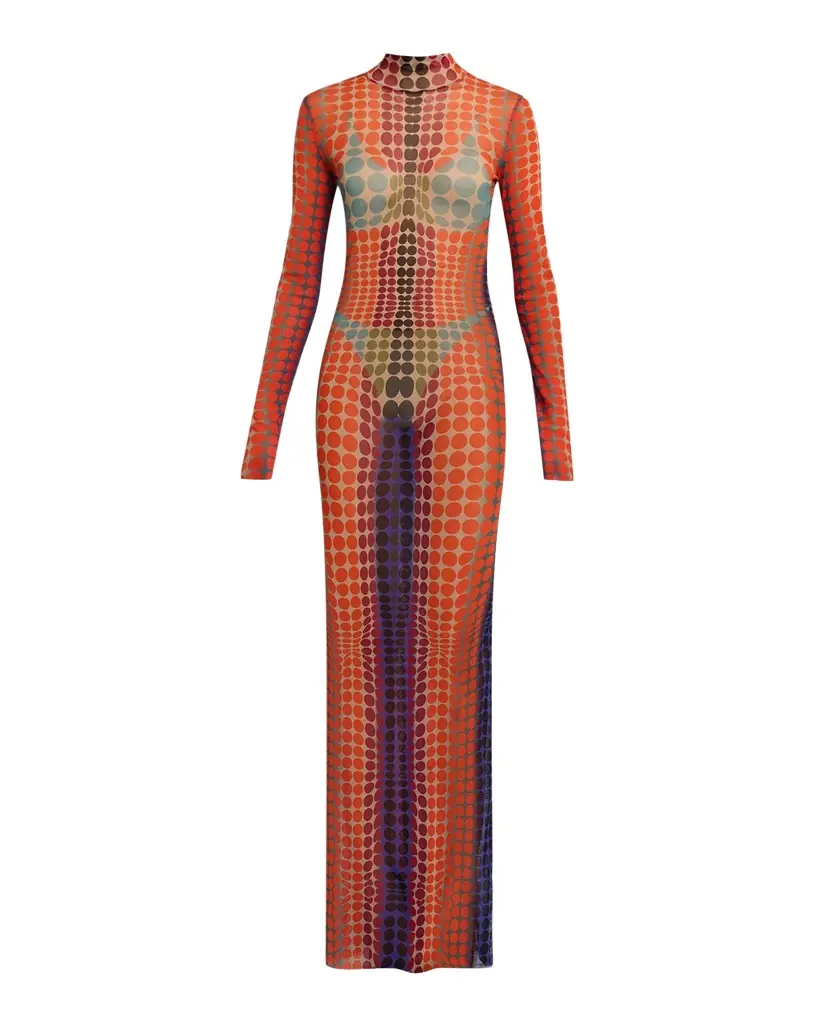 Jean Paul Gaultier Re-Edition Polka-Dot Trompe L 'oeil Mesh Long-Sleeve Maxi Dress