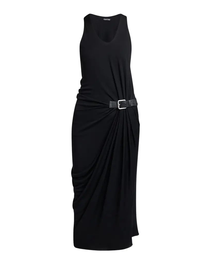 TOM FORD Buckle Gathered Crepe Jersey Sleeveless Midi Dress