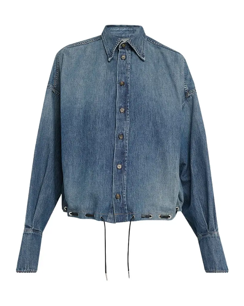 Brandon Maxwell Leland Denim Drawstring Bubble Shirt