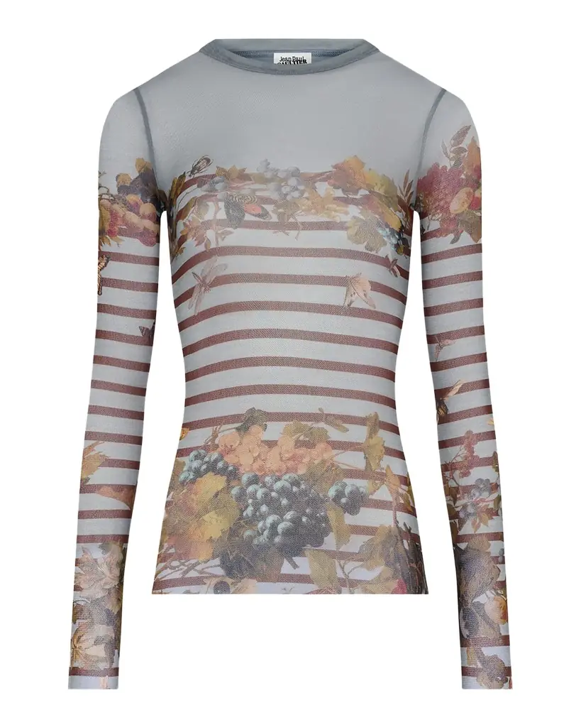 Jean Paul Gaultier Mariniere Grapes Print Mesh Long-Sleeve Top