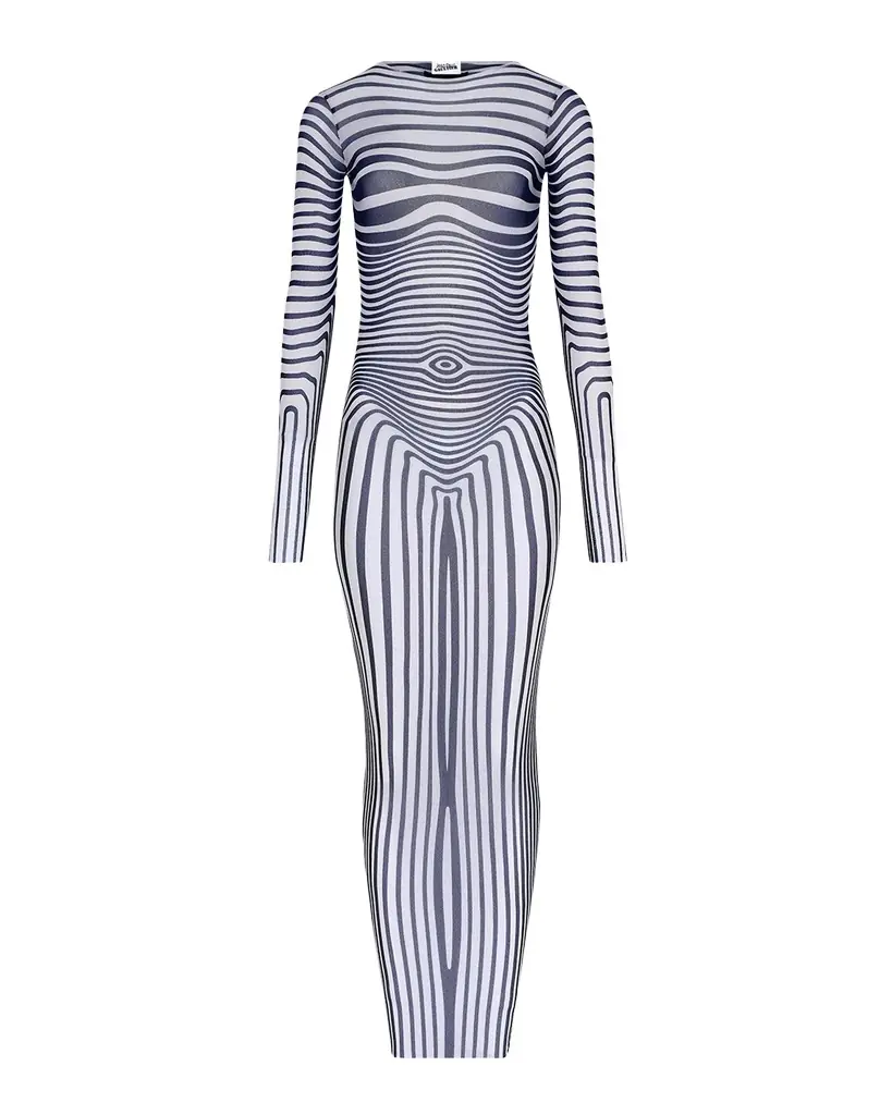 Jean Paul Gaultier Re-Edition Body Morphing Trompe L 'oeil Mesh Long-Sleeve Maxi Dress