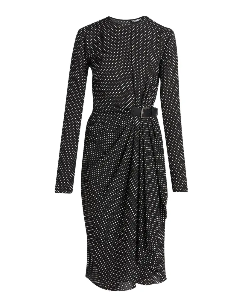 TOM FORD Polka Dot Silk Gathered Buckle Midi Dress