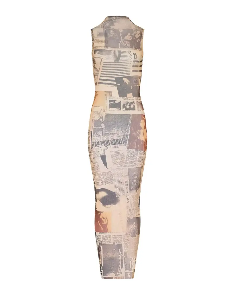 Jean Paul Gaultier Newspaper-Print Mesh High-Neck Sleeveless Maxi Dress