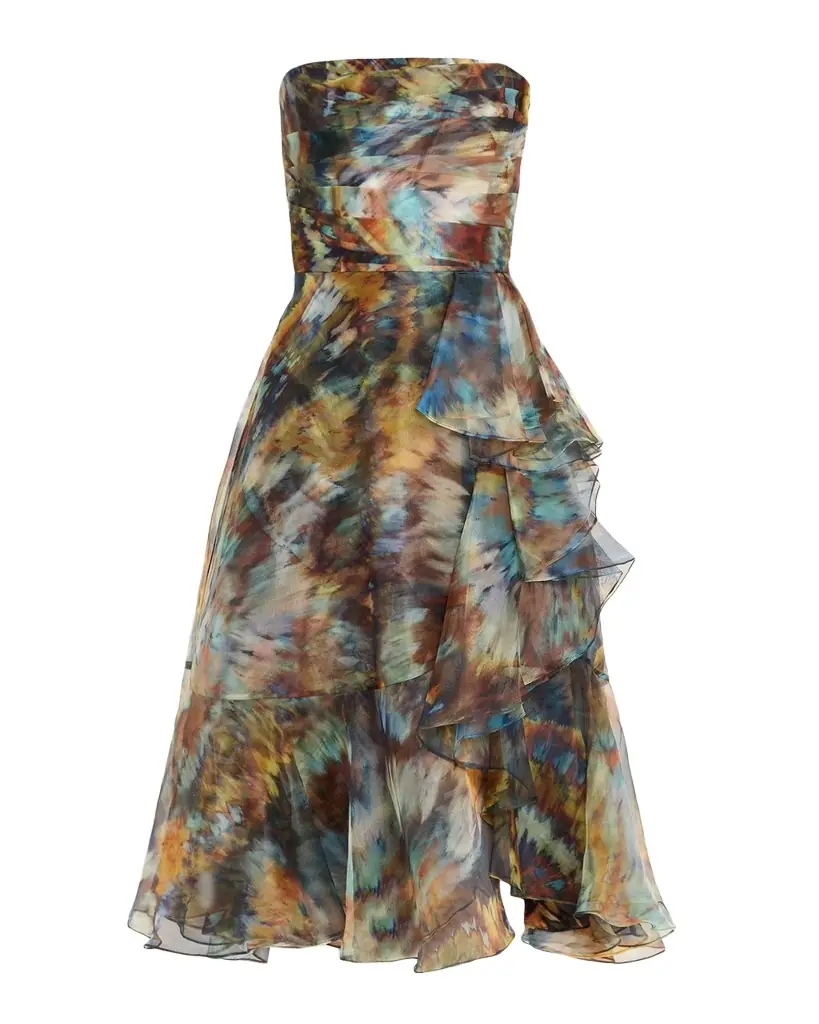 Theia Evanthe Strapless Draped Organza Midi Dress