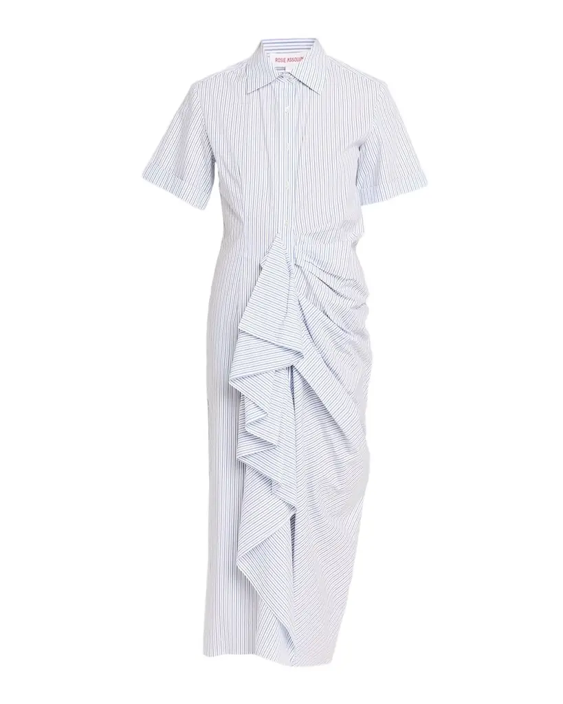 Rosie Assoulin Gathered Ruffle Striped Cotton Midi Shirtdress