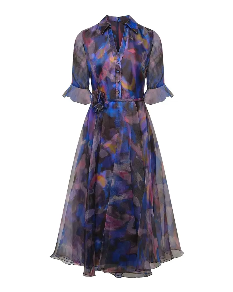 Theia Colette Abstract-Print Organza Midi Shirtdress