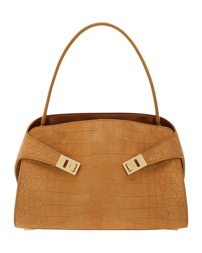 Ferragamo Hug Croc-Embossed Suede Shoulder Bag