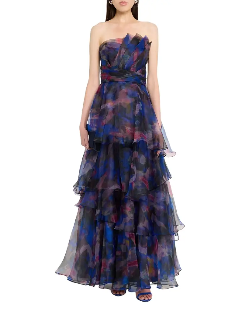 Theia Seona Strapless Tiered Organza Gown