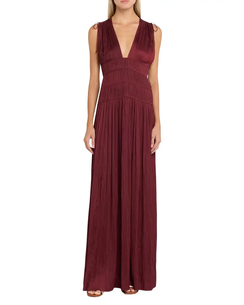Ulla Johnson Tasneem Pleated Deep-V Satin Gown
