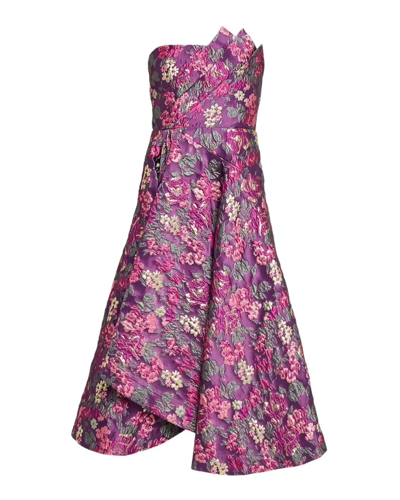 Theia Carolina Strapless Floral Jacquard Midi Dress