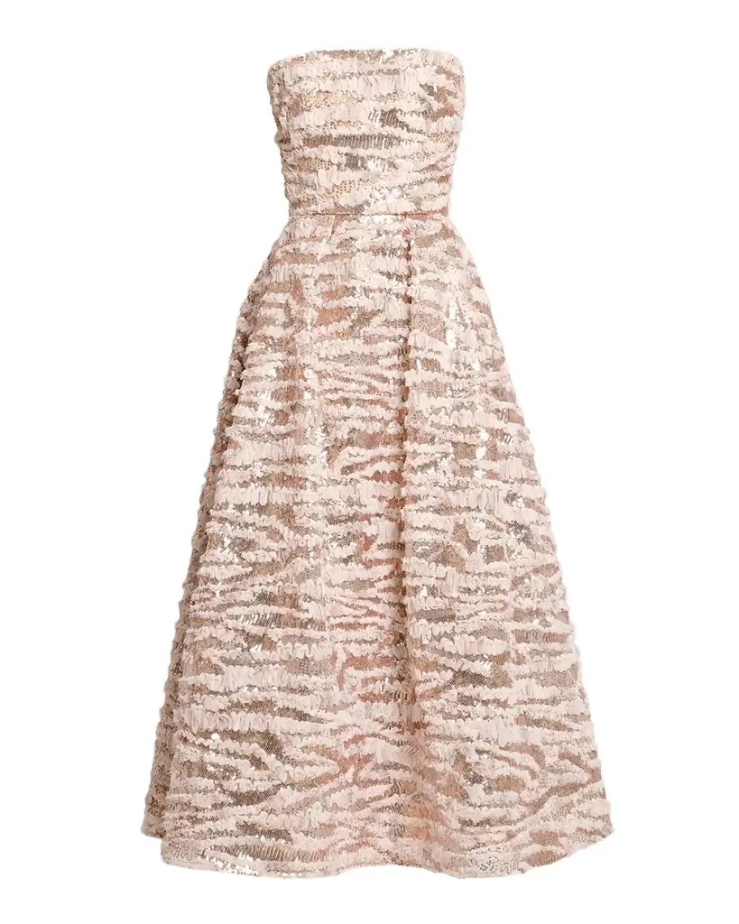 Elie Saab Sequined Chiffon Ruffled Strapless Tea-Length Dress
