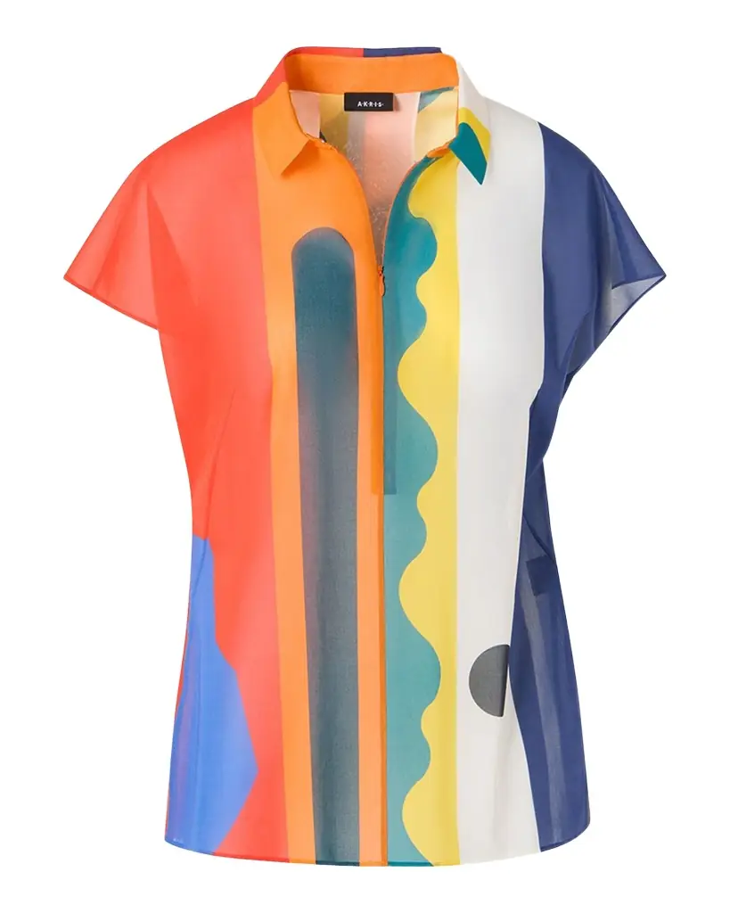 Akris Abstract-Print Cap-Sleeve Zipper Shirt
