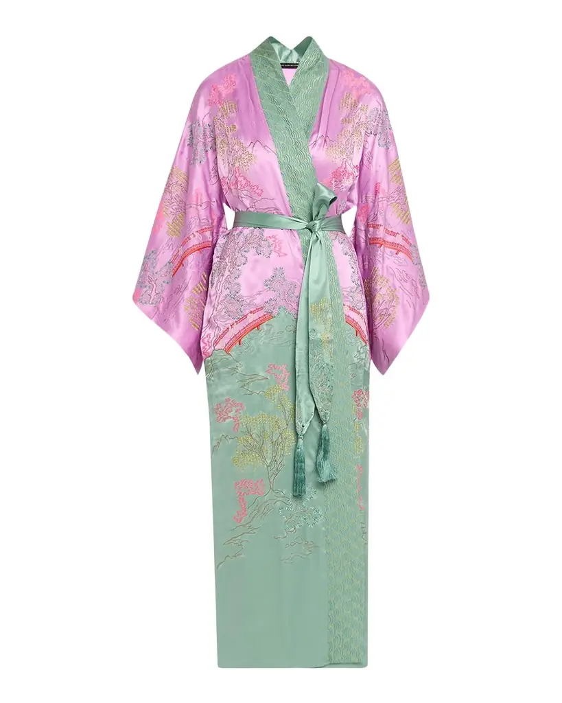Natori Nara Embroidered Colorblock Silk Robe