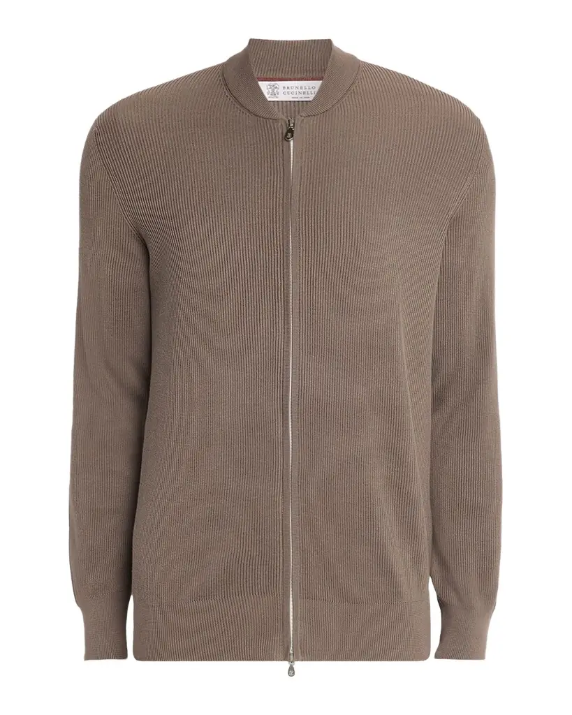 Brunello Cucinelli Men 's Cotton Rib Baseball Collar Zip Cardigan