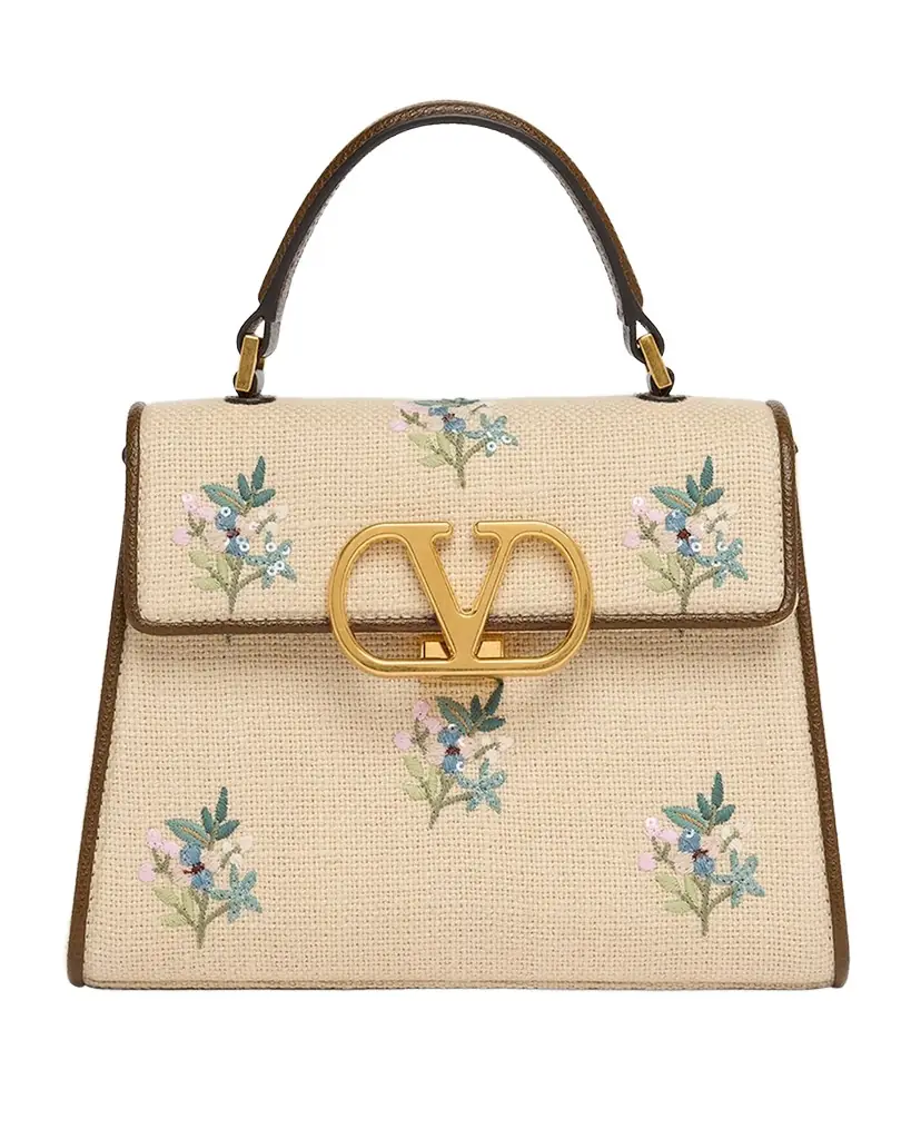 Valentino Garavani Small Floral-Embroidered Woven Flax Top-Handle Bag
