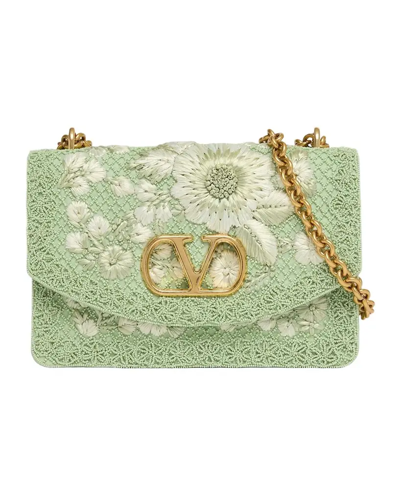 Valentino Garavani Beaded Floral-Embroidered Moire Shoulder Bag