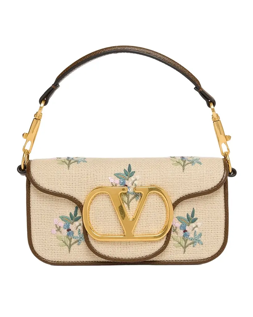 Valentino Garavani Small Floral-Embroidered Woven Flax Shoulder Bag