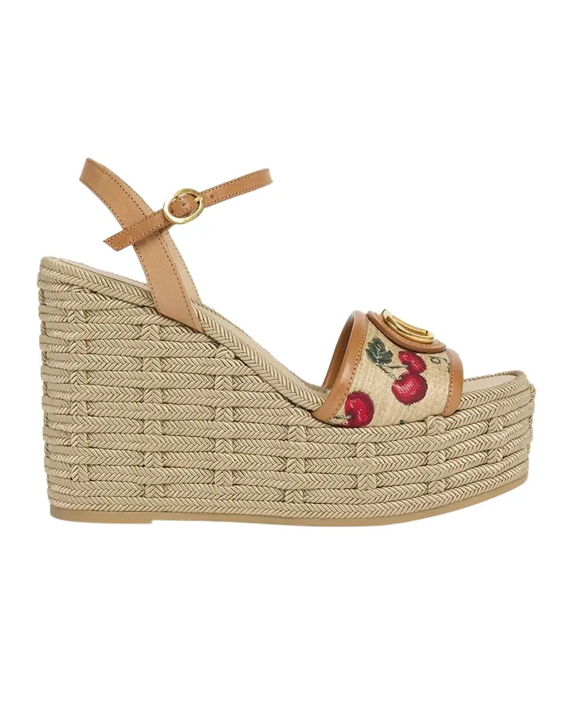 Valentino Garavani VLogo Cherry Jacquard Raffia-Wedge Espadrilles
