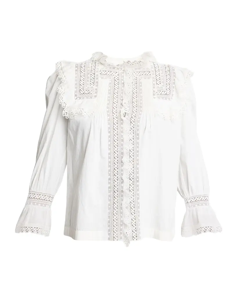 Saint Laurent Lace-Yoke Ruffle Poplin Blouse