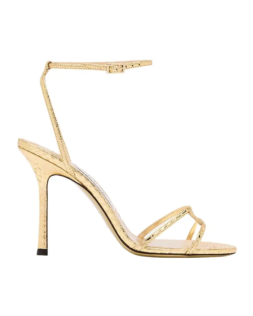 Jimmy Choo Snake-Embossed 1998 Leo Metallic Leather Ankle-Strap Sandals