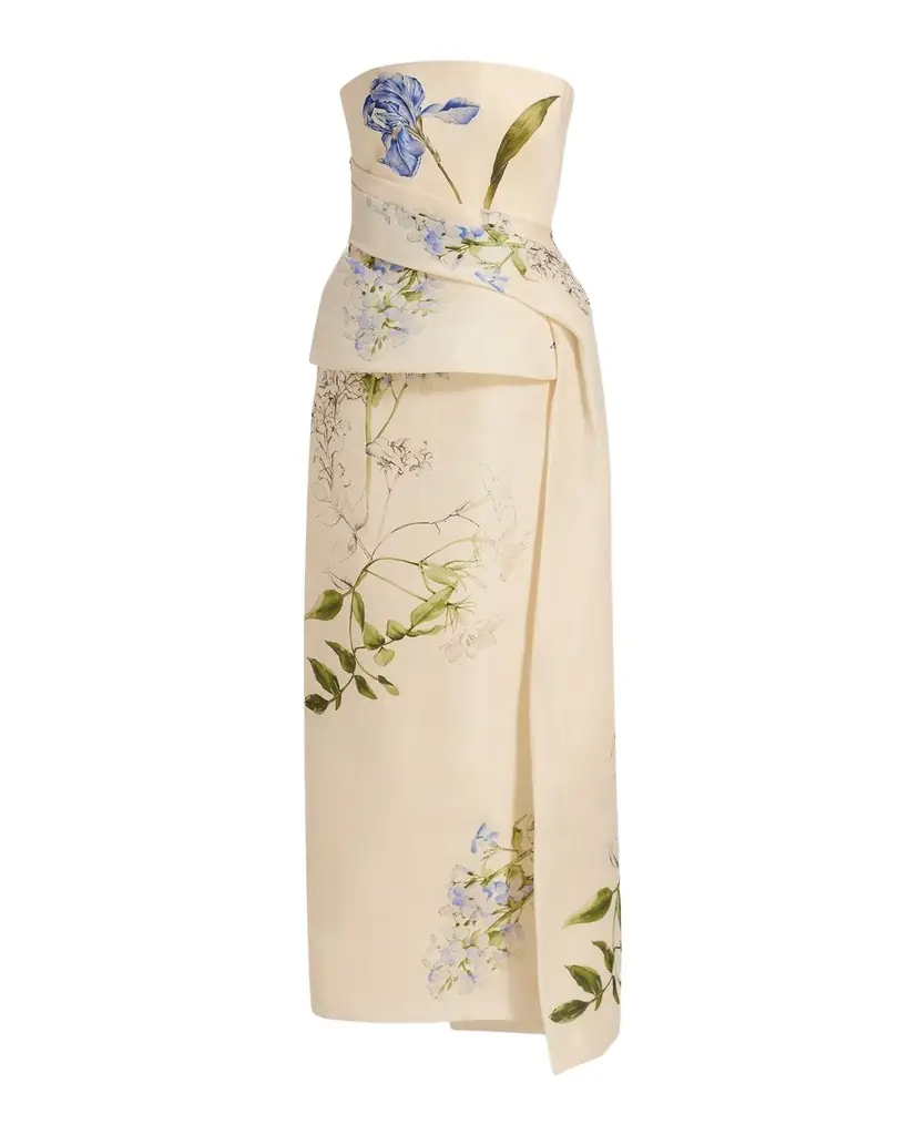 Monique Lhuillier Iris Gazar Silk Strapless Peplum Drape Ankle Gown