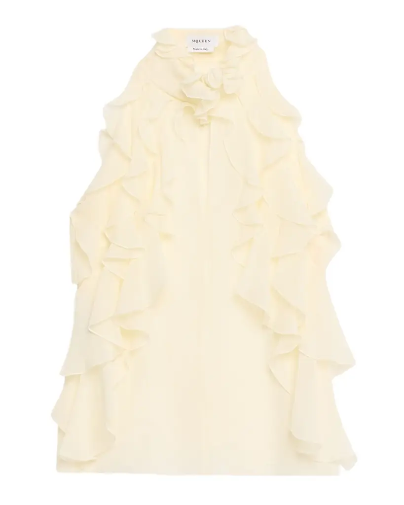 McQueen Cutout Ruffle Silk Georgette Top