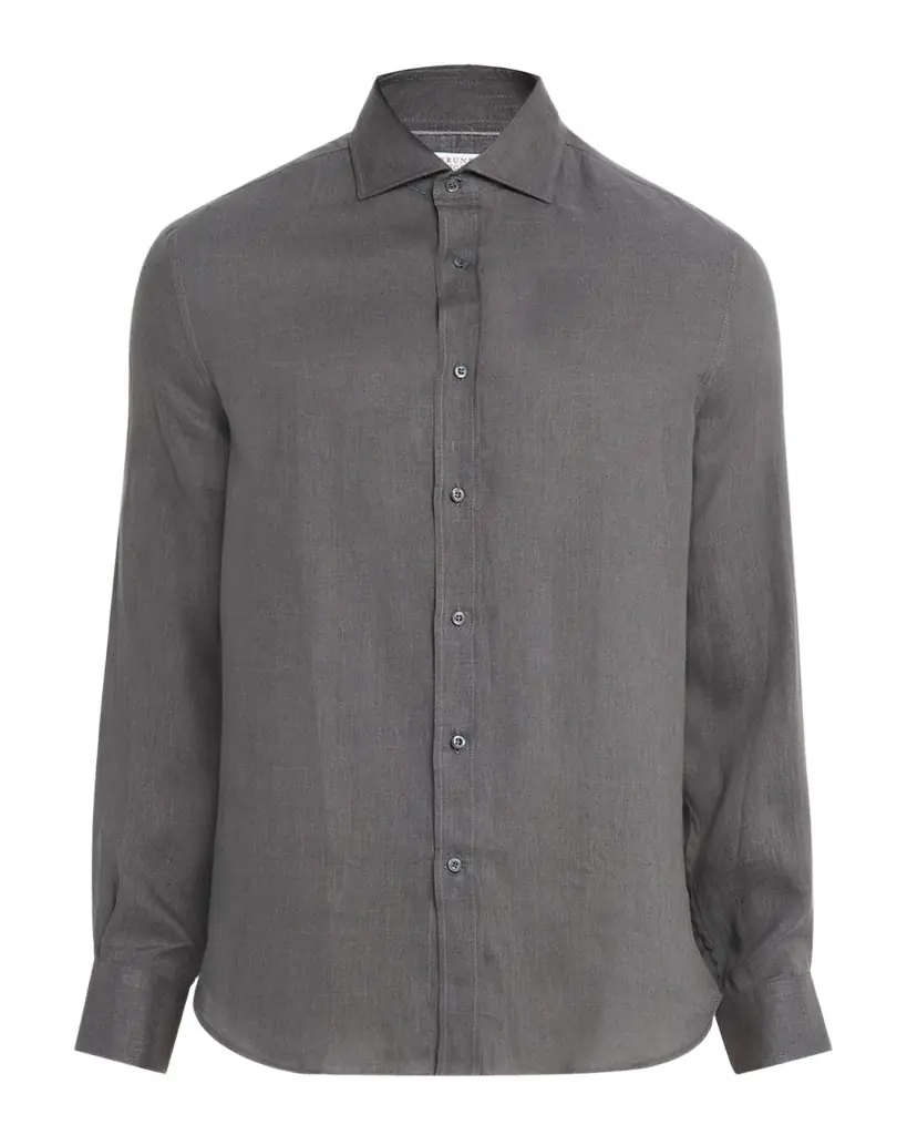 Brunello Cucinelli Men 's Linen and Cotton Band Collar Button-Down Shirt