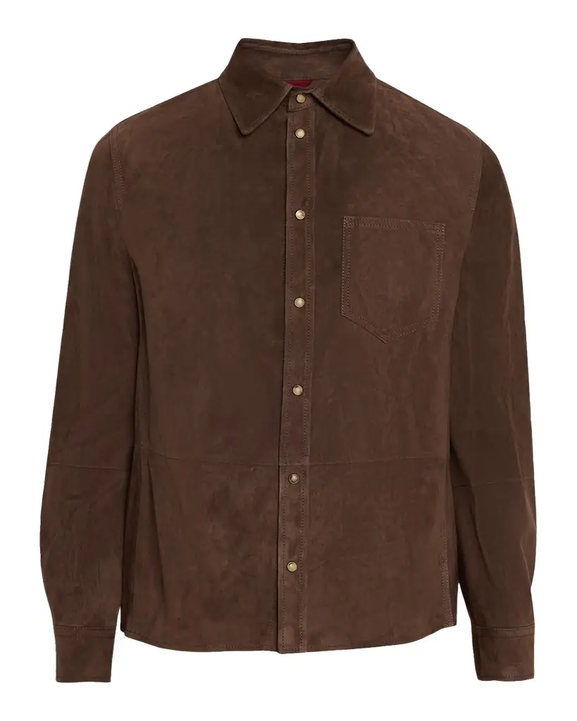 Brunello Cucinelli Men 's Leather Snap-Front Shirt with Pocket