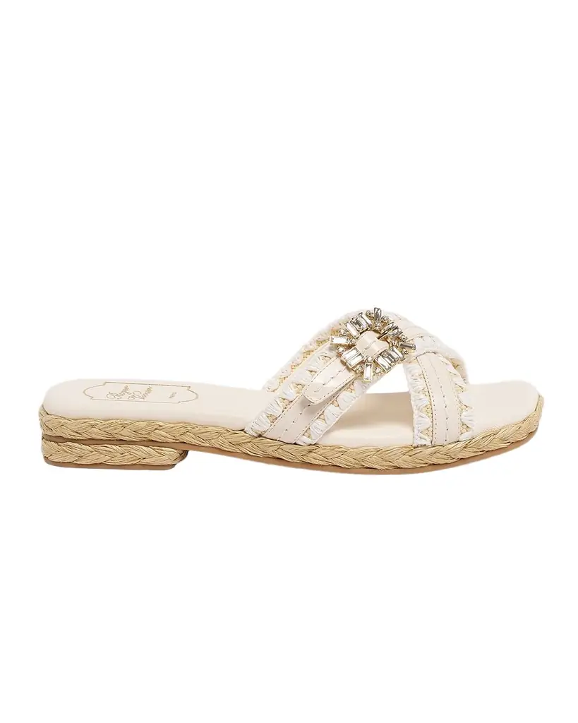 Roger Vivier Raffia & Leather Espadrille Sandals with Strass Buckle