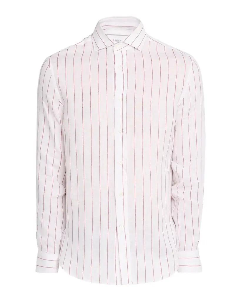 Brunello Cucinelli Men 's Linen Pinstripe Spread Collar Button-Down Shirt