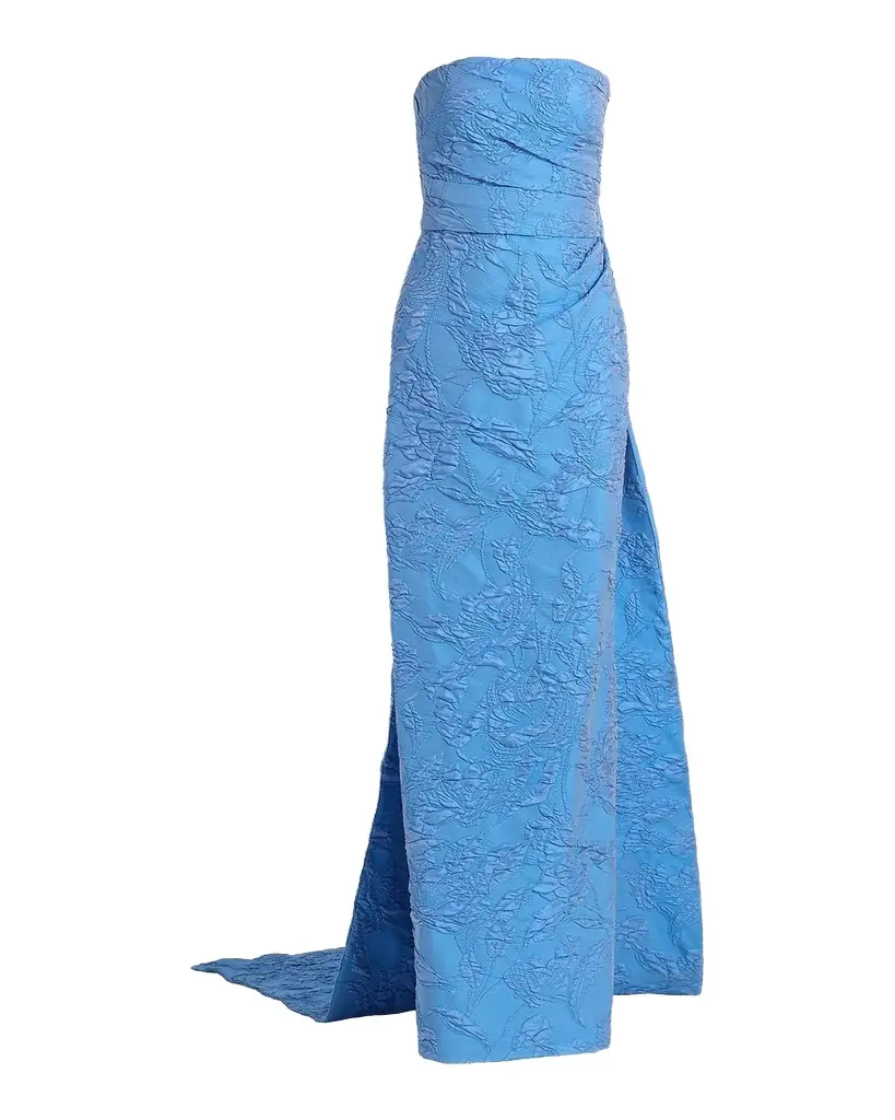 Monique Lhuillier Strapless Draped-Train Bubble Jacquard Column Gown
