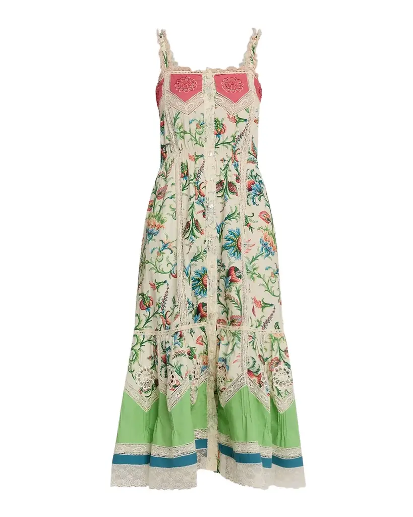 Etro Crochet-Inset Floral Cotton Button-Front Midi Dress