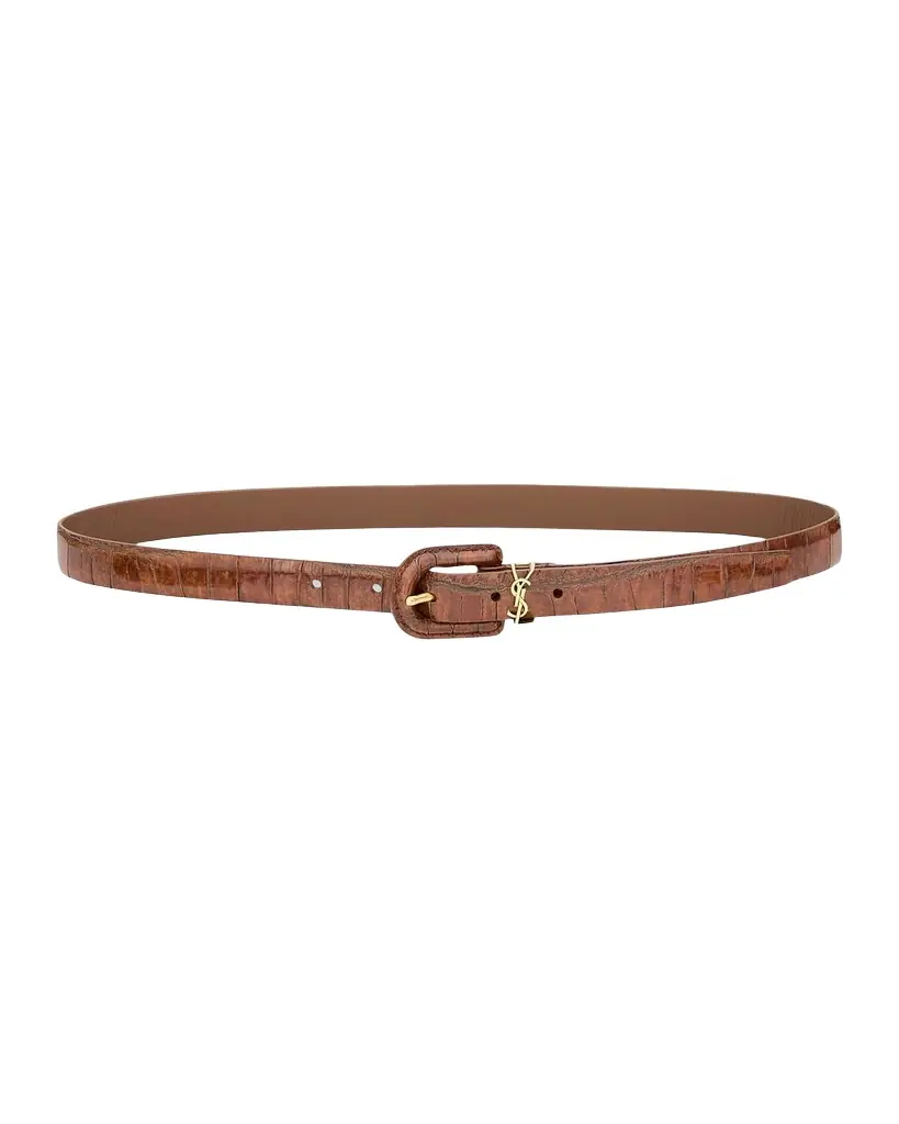 Saint Laurent Cassandre Croco-Embossed Leather Thin Belt