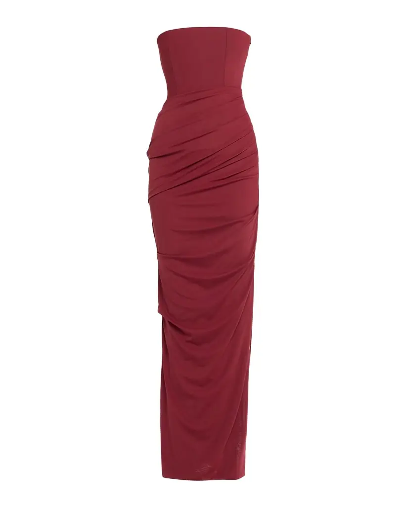 Alex Perry Strapless Tucked Stretch Mesh Column Gown