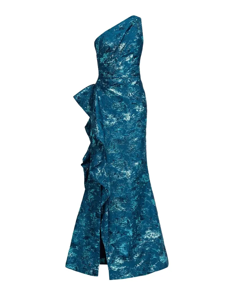 Rickie Freeman for Teri Jon Metallic Jacquard One-Shoulder Side-Ruffle Gown