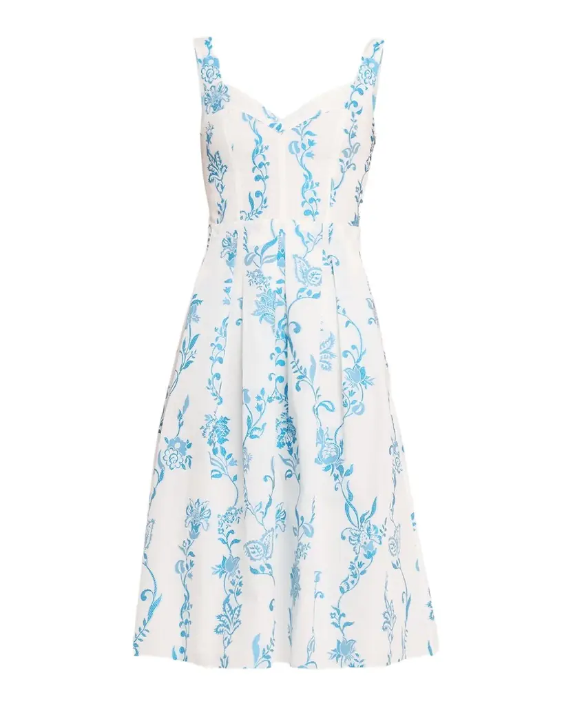 Etro Floral Embroidered Cotton Sleeveless Pleated Midi Dress