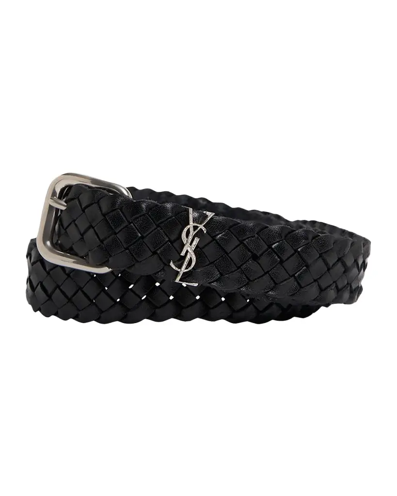 Saint Laurent Men 's Cassandre YSL Woven Leather Belt