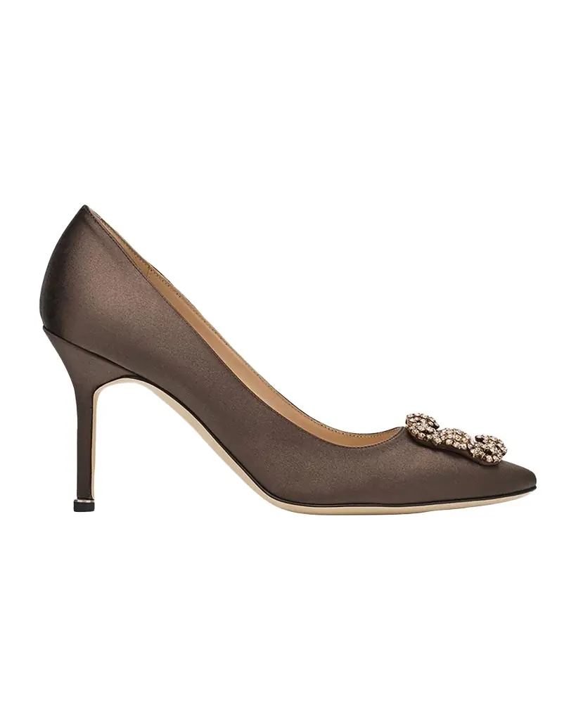 Manolo Blahnik 90mm Hangisis Satin Pumps with Crystal Buckle