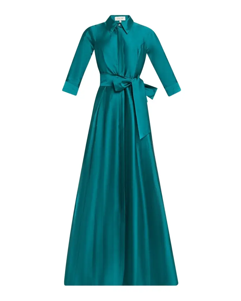 Rickie Freeman for Teri Jon 3/4-Sleeve Taffeta Shirtdress Gown