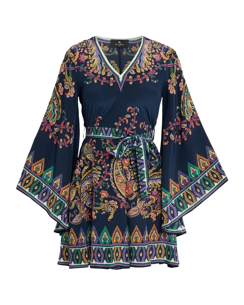 Etro Paisley Silk Belted Bell-Sleeve Mini Dress