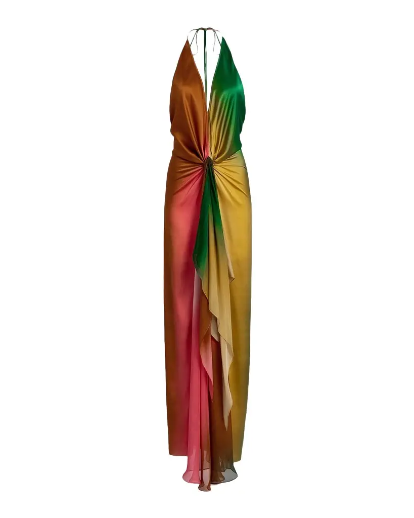 Silvia Tcherassi Dixon Twisted Satin Plunging Halter Maxi Dress
